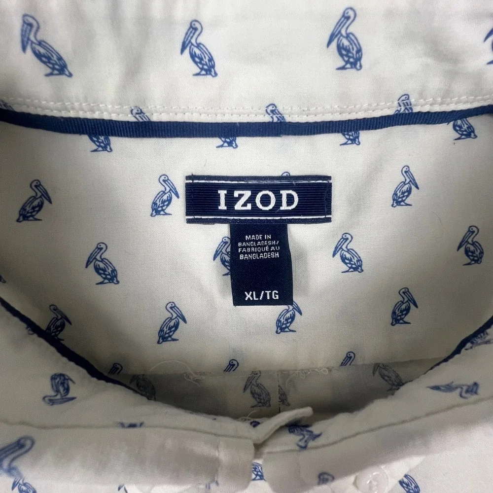 Coastal Button Down Shirt Mens XL White Blue Pelican‎ Bird Print Short Sleeve